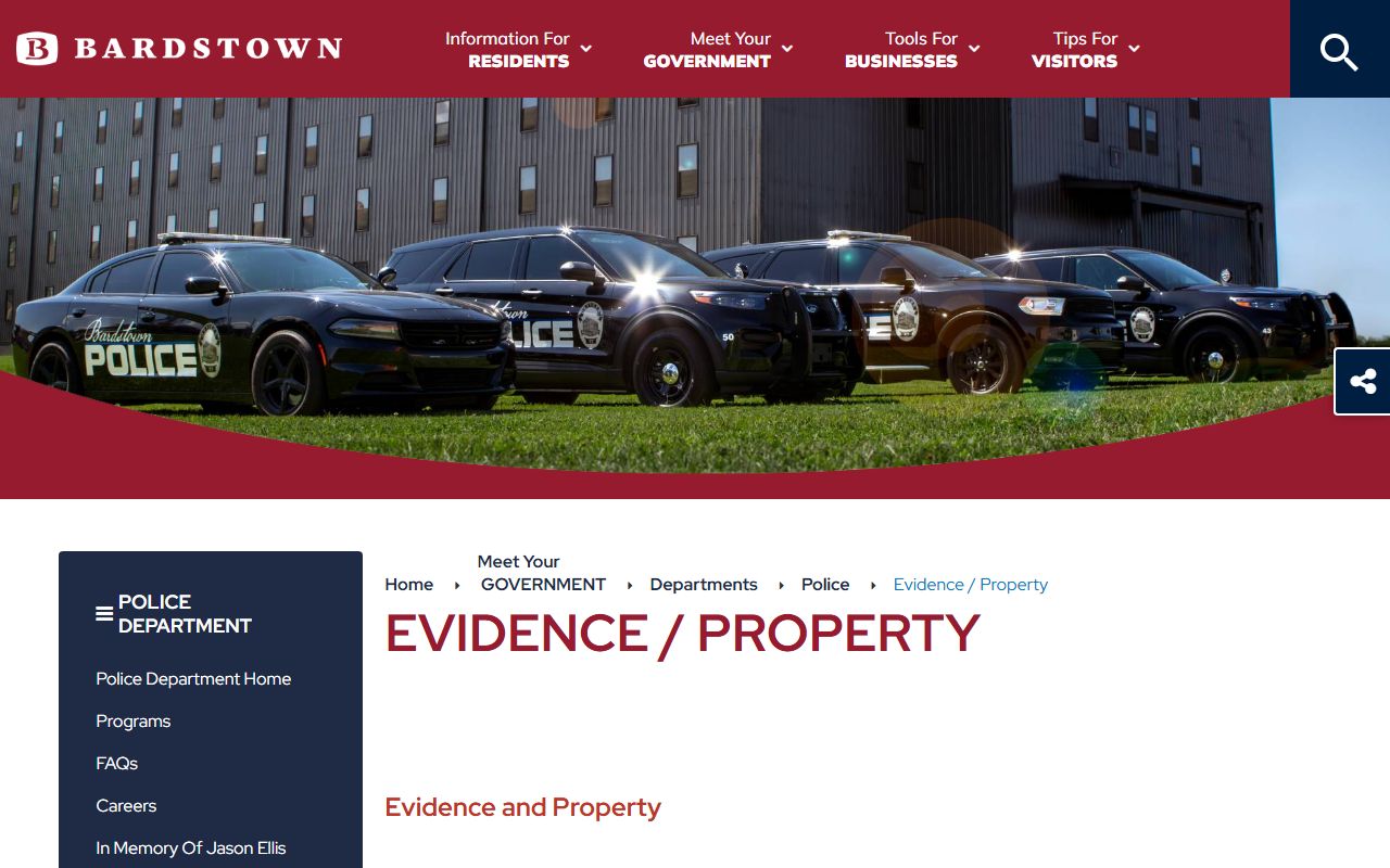 Bardstown Police Department website showing public safety resources and contact information