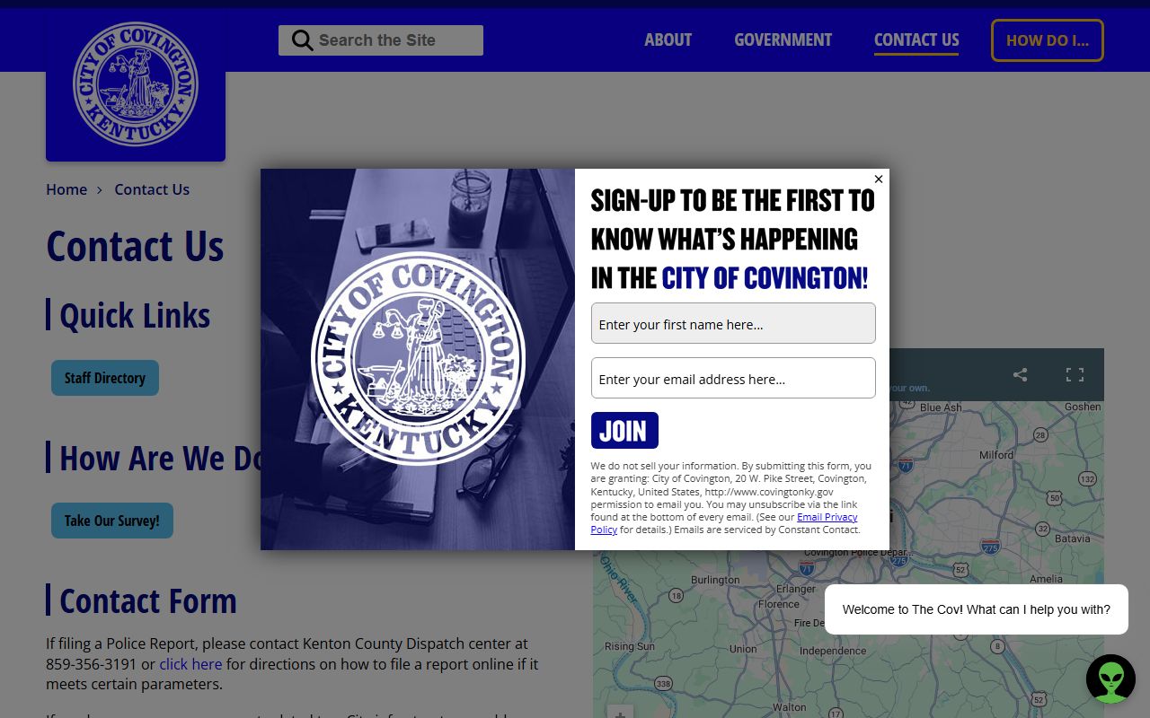 City of Covington contact page showing phone numbers and department listings
