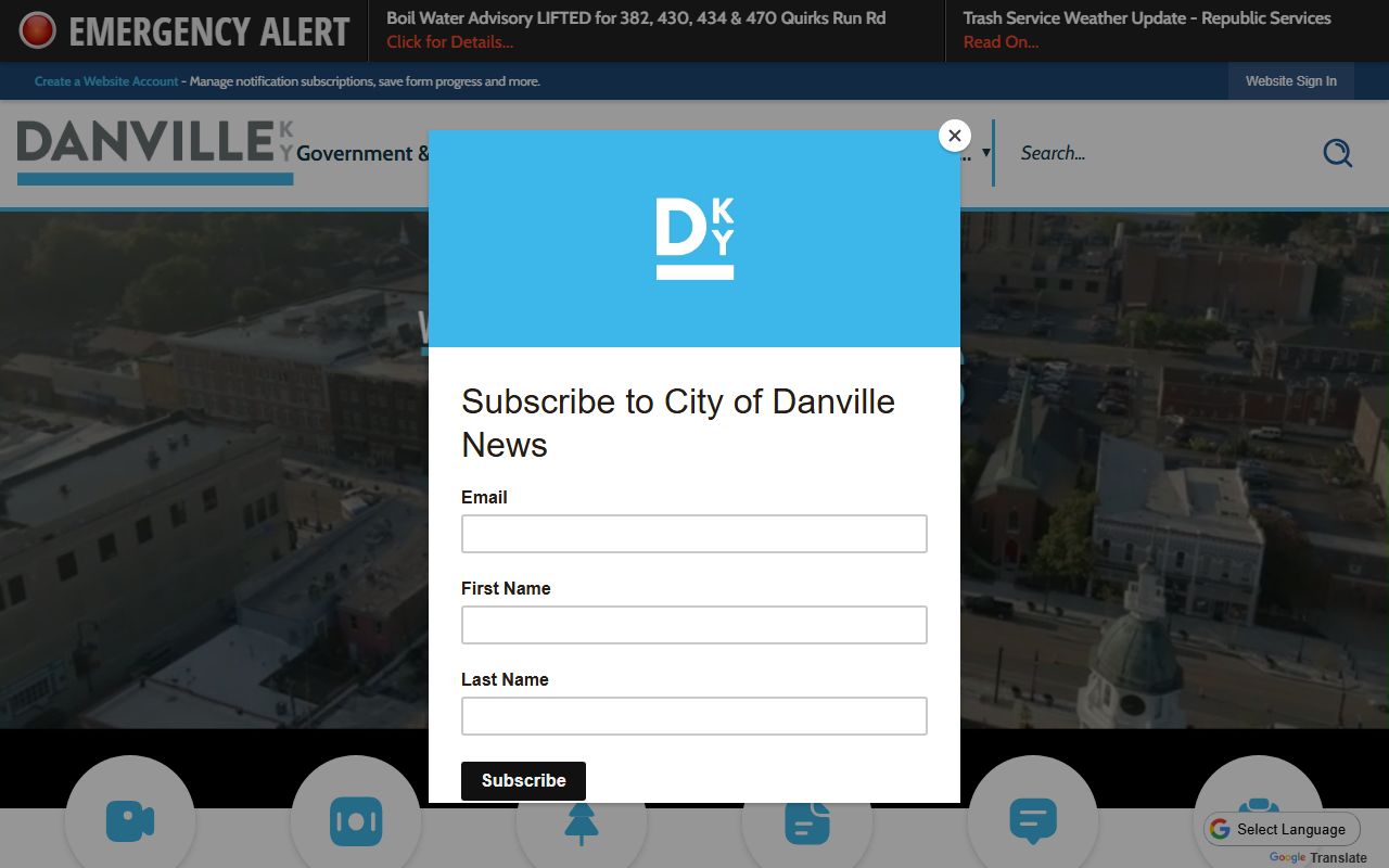 Danville Kentucky city government website showing municipal services and contact information