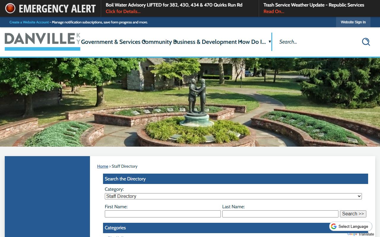 Danville city staff directory showing department contacts and personnel information