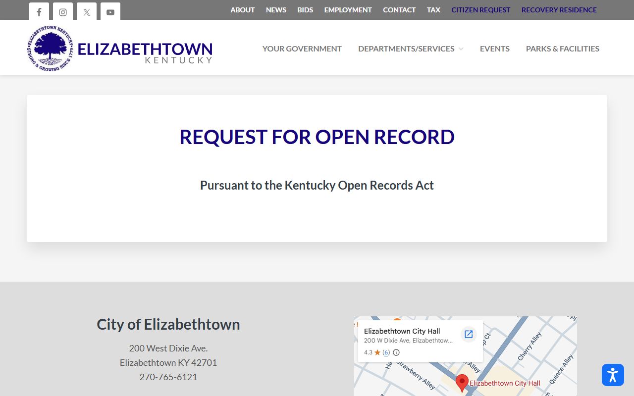Elizabethtown Police Department website showing contact information and services