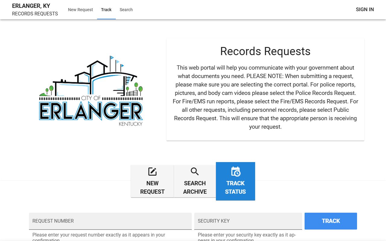 Erlanger Kentucky open records portal showing contact information and public access options