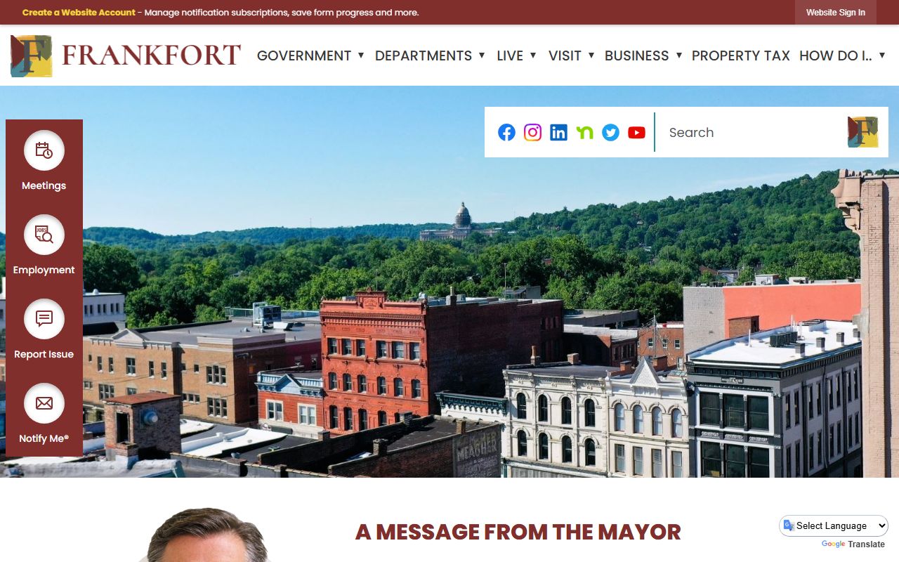 Frankfort city website showing government services and contact information