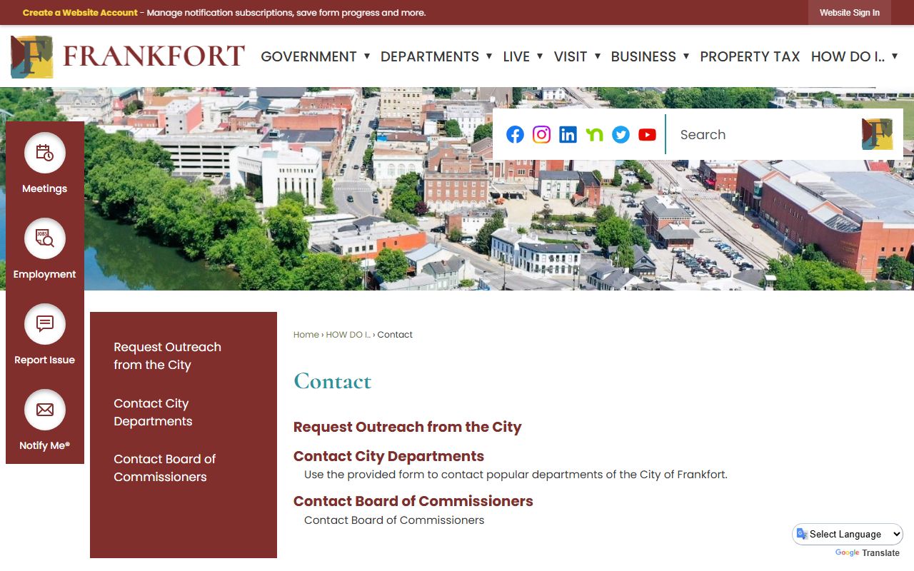Frankfort contact page showing public safety and emergency contact information