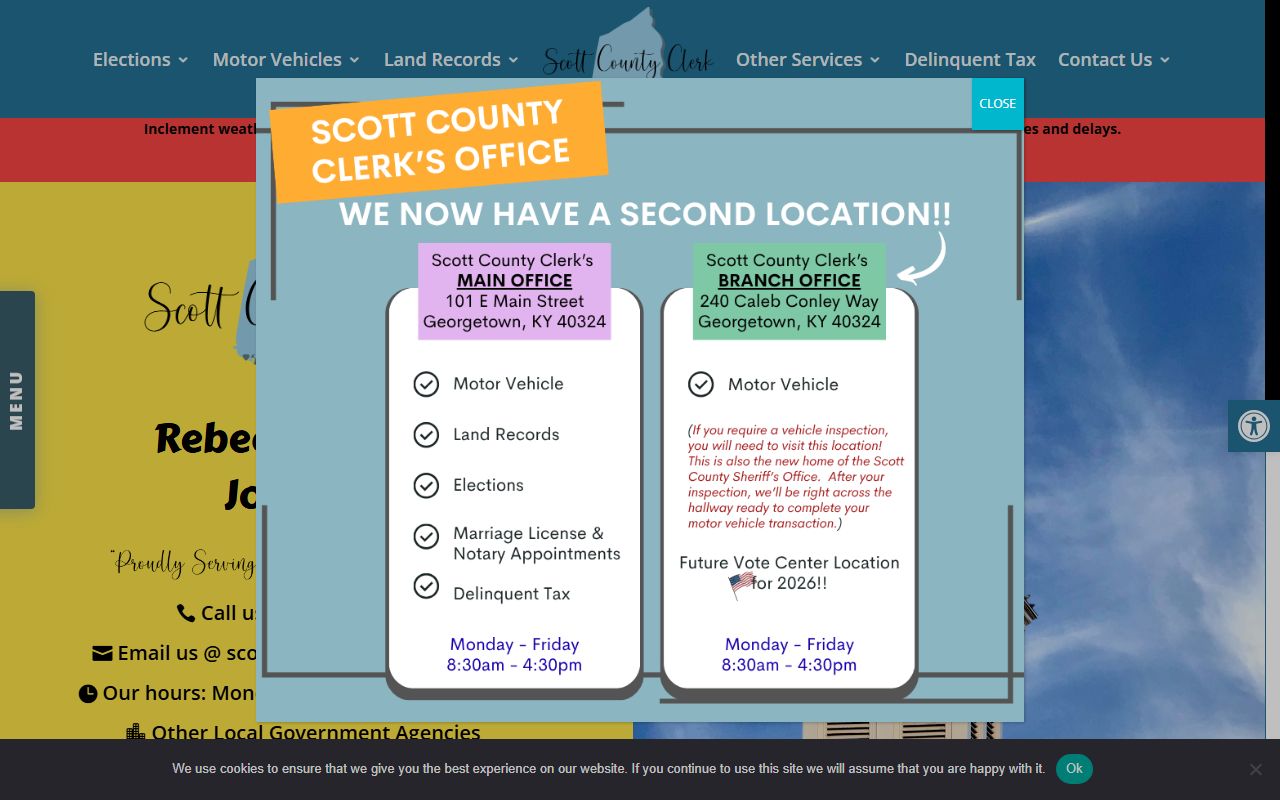 Scott County Clerk office website showing contact information and services