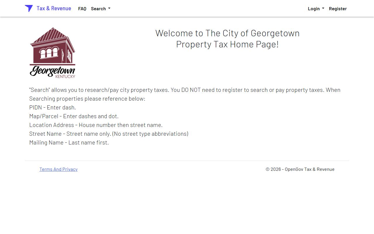 Georgetown tax portal showing property tax search and payment options