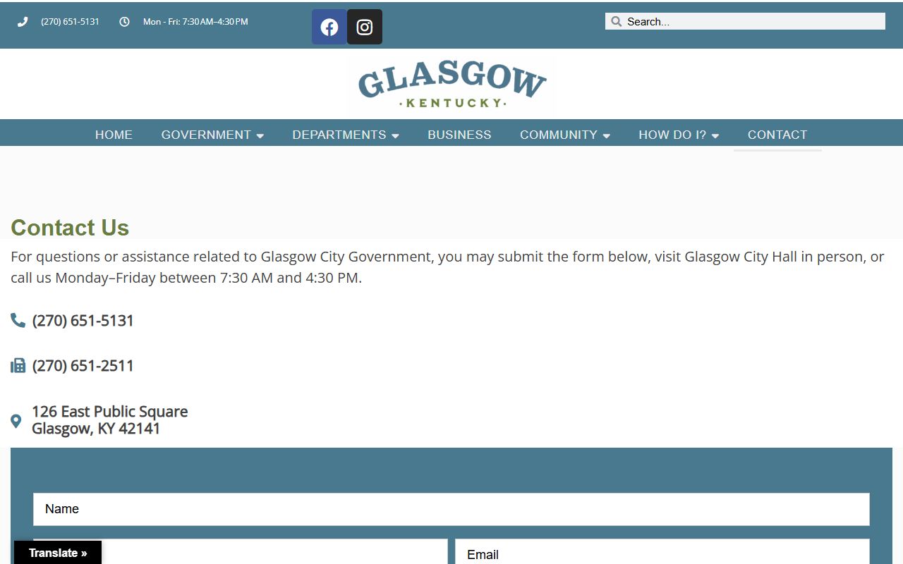 Glasgow contact page showing department phone numbers and email addresses