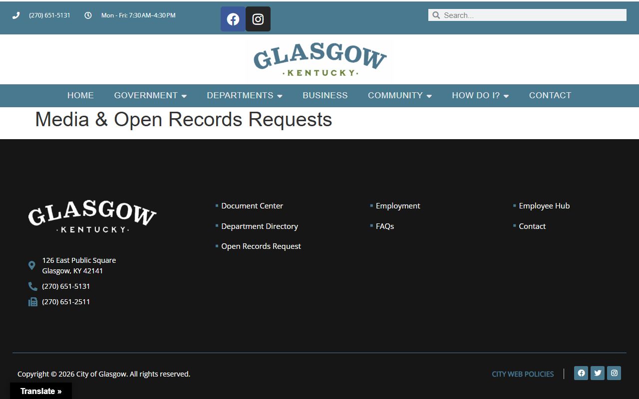 Glasgow Police Department website showing emergency and non-emergency contact numbers