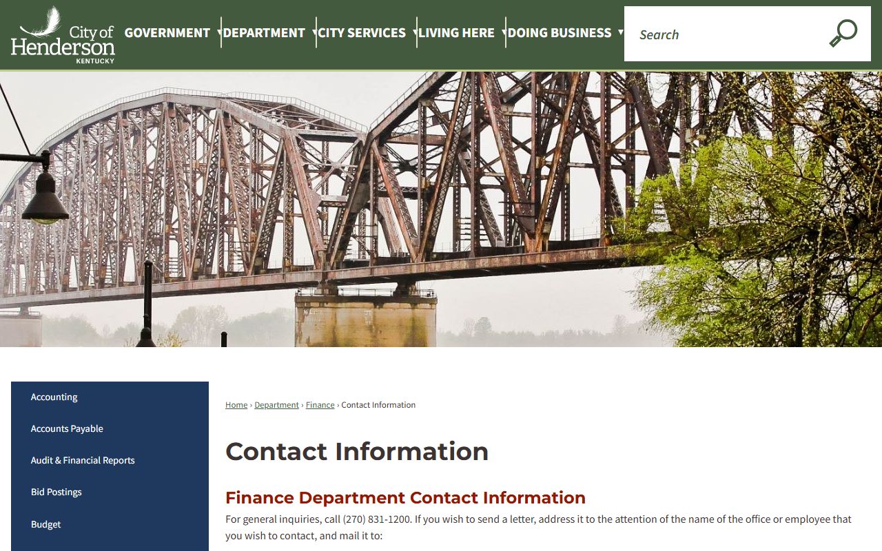 Henderson contact information page showing department phone numbers