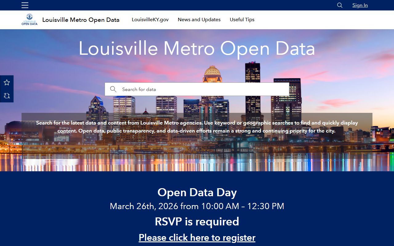 Louisville Open Data Portal showing city datasets and public records access