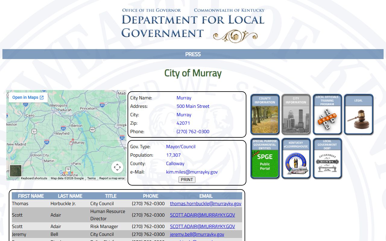 Murray city information page showing staff directory and department contacts