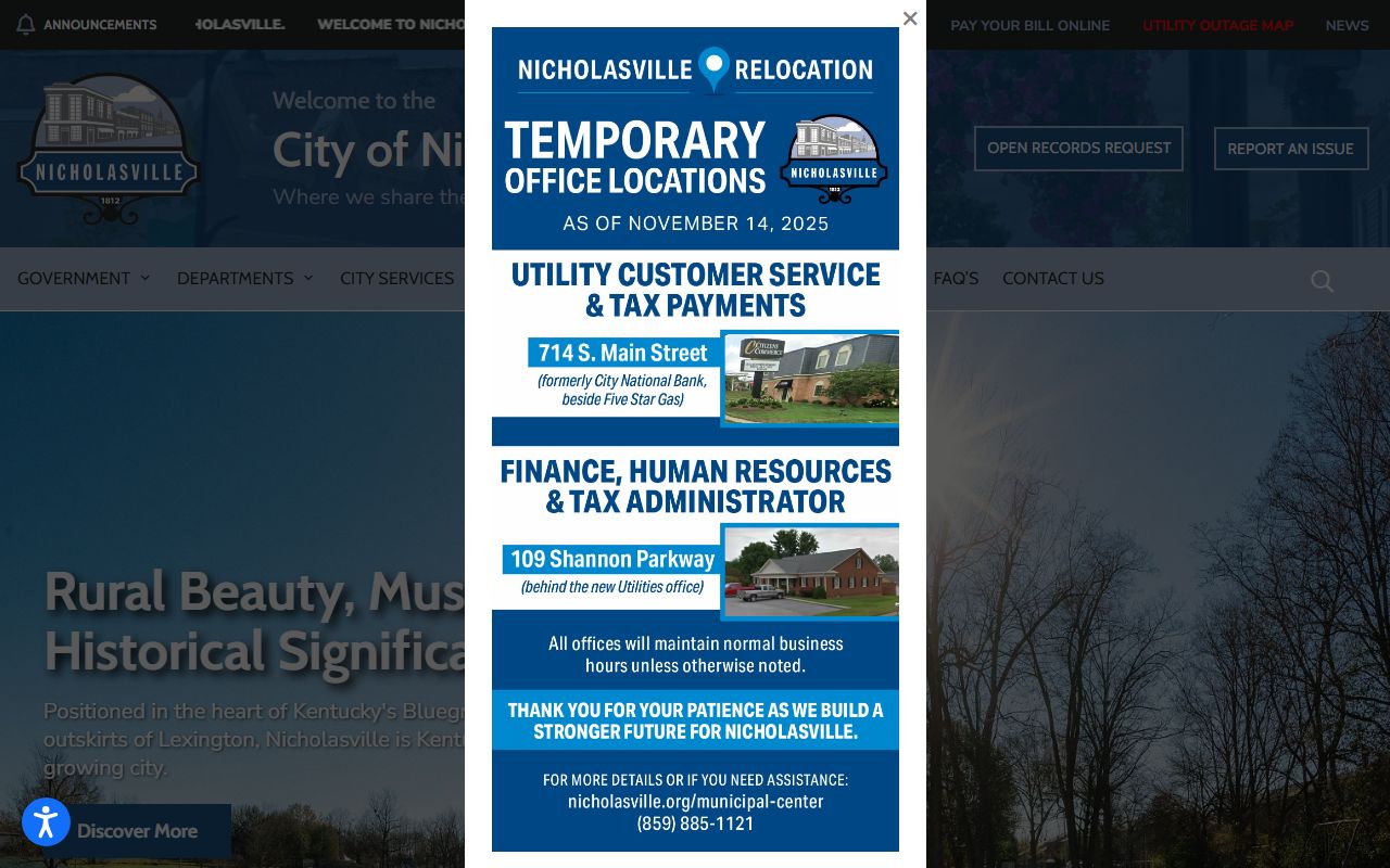 Nicholasville Kentucky city website showing government contact information