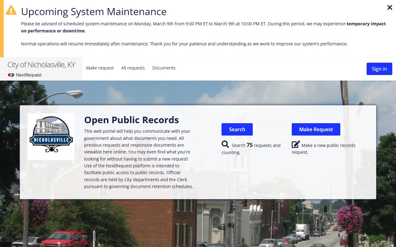 Nicholasville Kentucky open records request portal for public information
