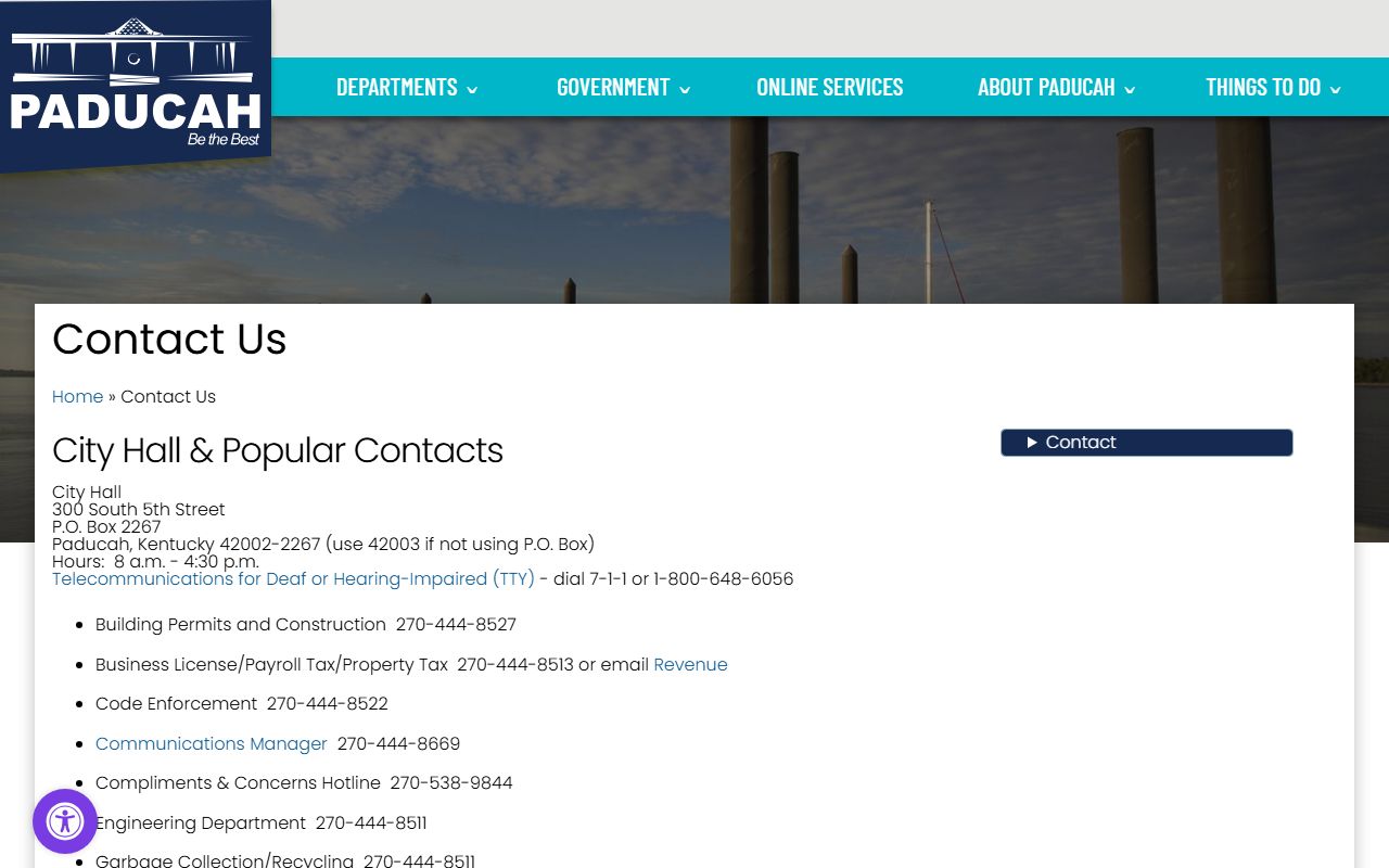 Paducah city contact page showing department phone numbers and addresses