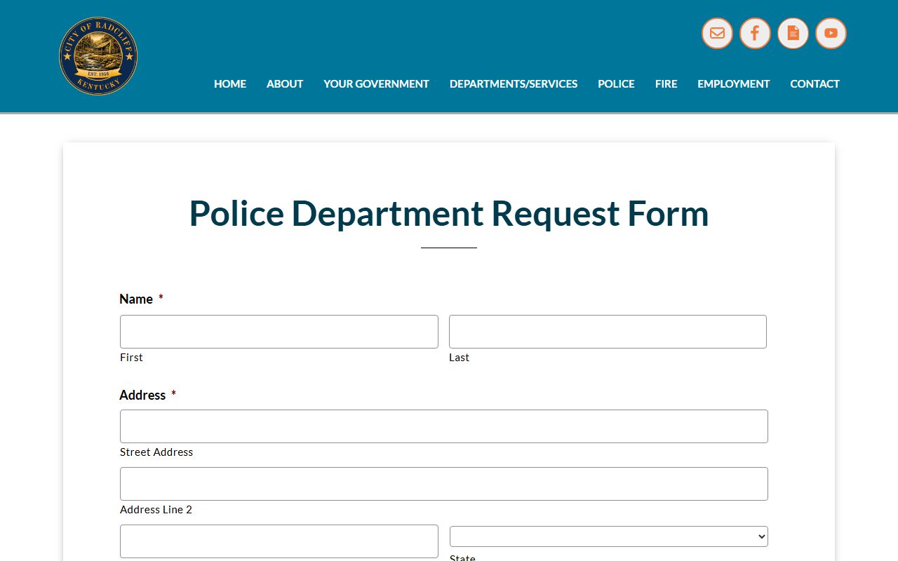 Radcliff Police Department website showing contact information and services