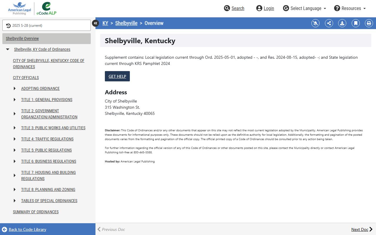 Shelbyville Police Department website showing public safety resources