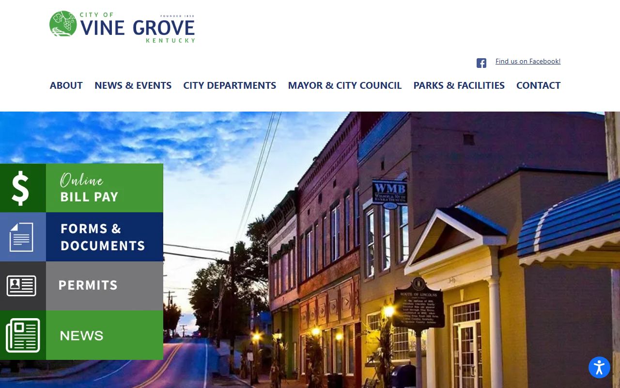 Vine Grove Police Department website showing contact information and services