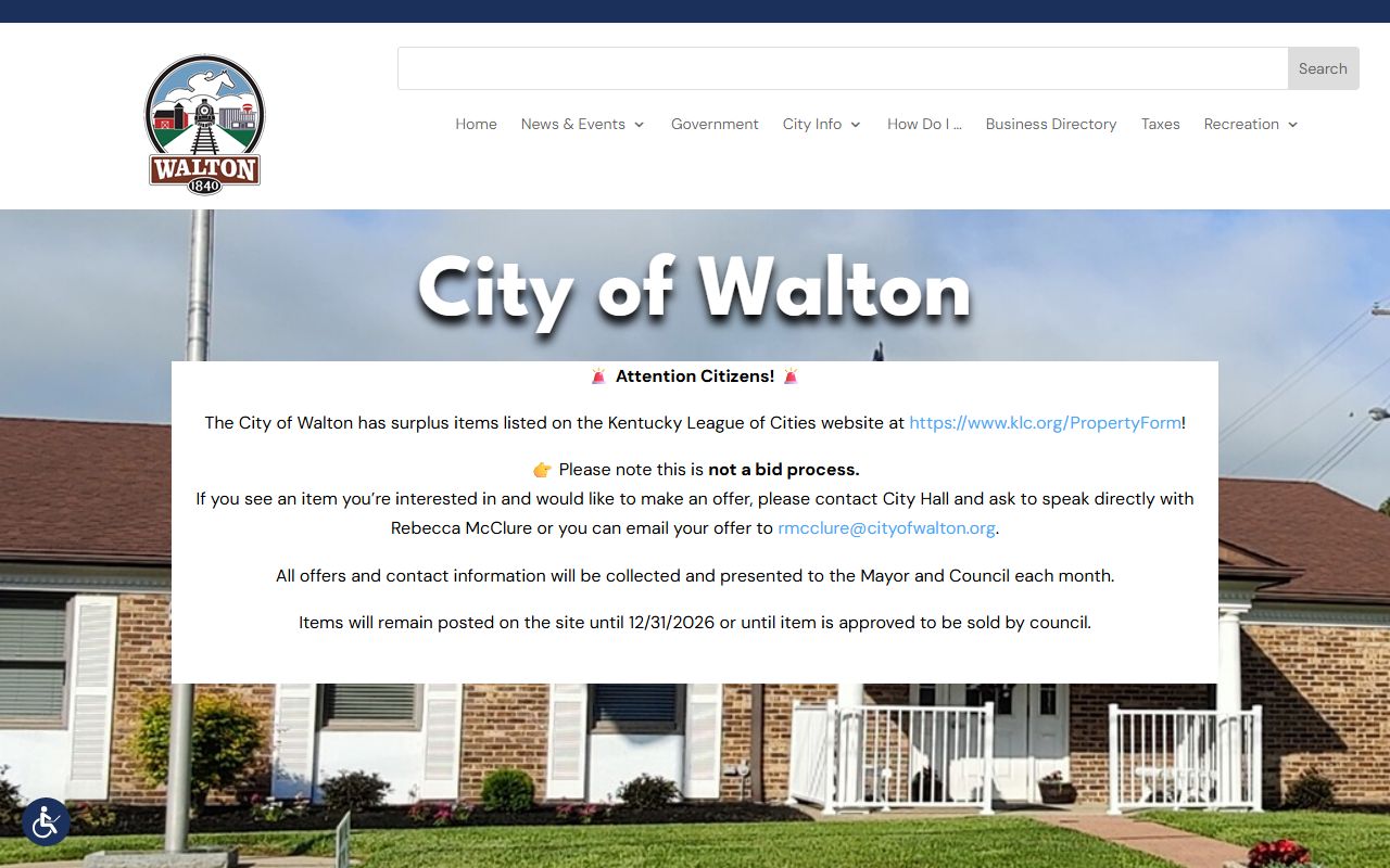 Walton Kentucky police department website showing contact information and city resources