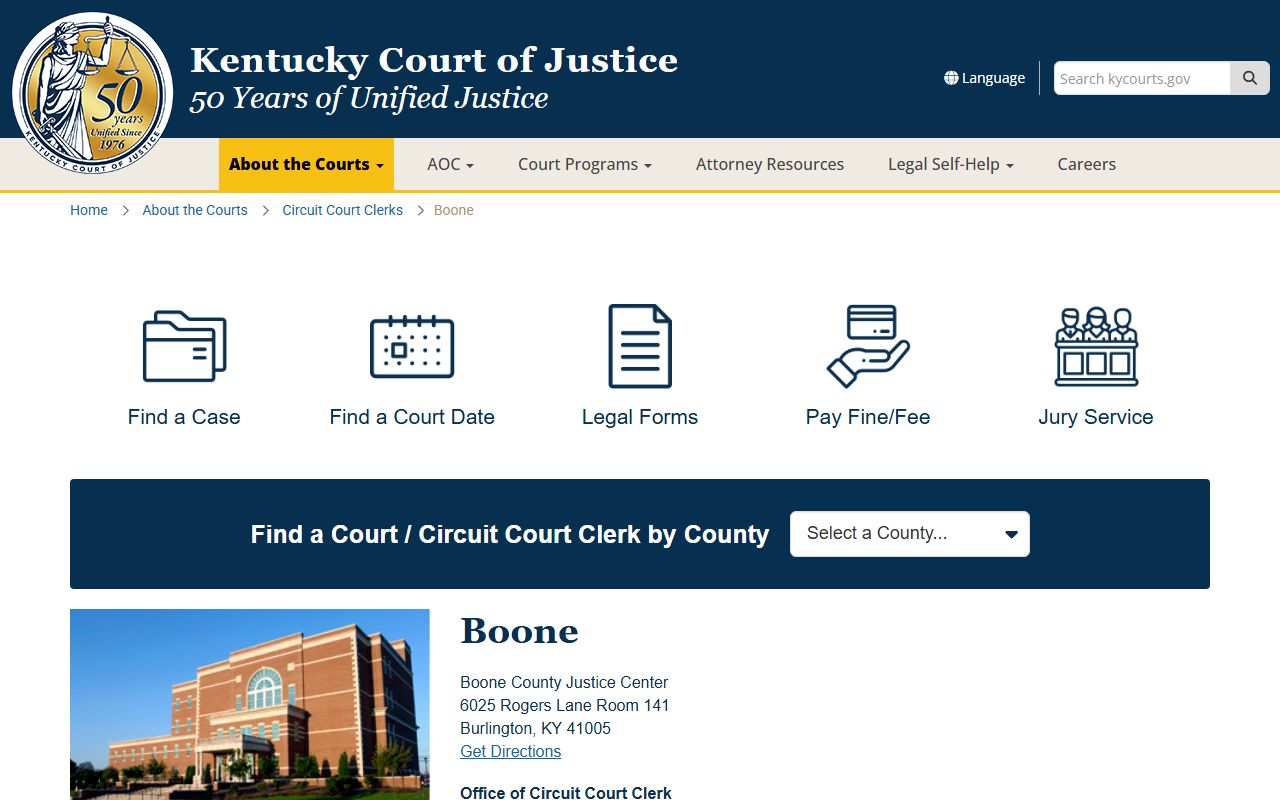 Boone County Circuit Court information page showing phone directory and contact details