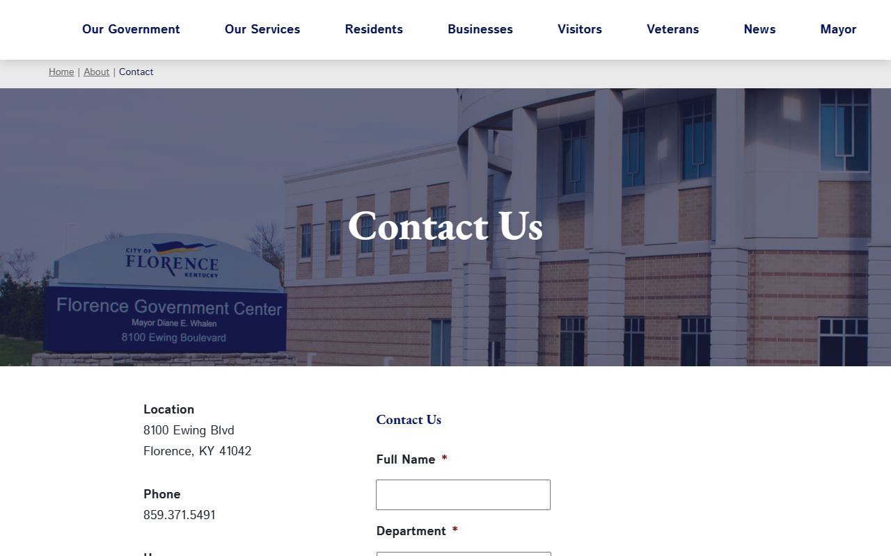 City of Florence contact page showing phone directory and office location at 8100 Ewing Blvd