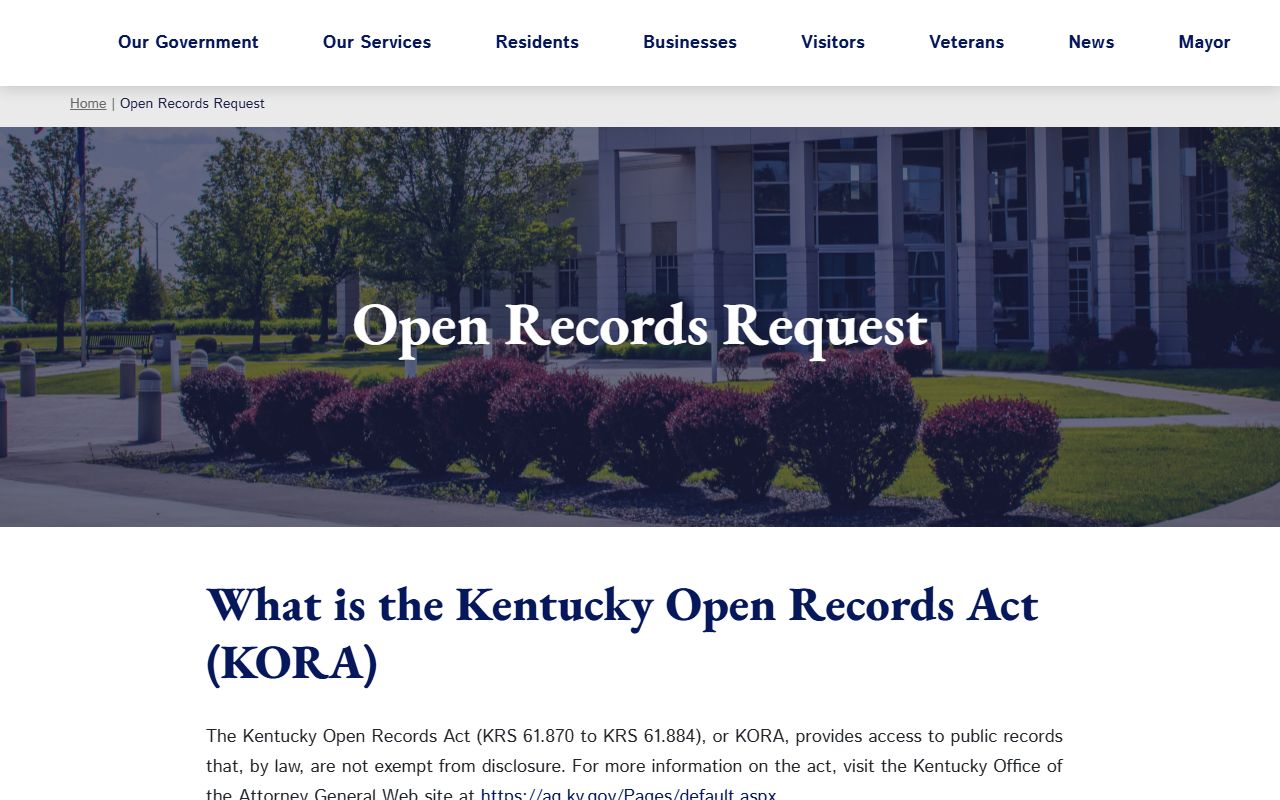 Florence open records request page showing online form and KRS 61.870-61.884 information