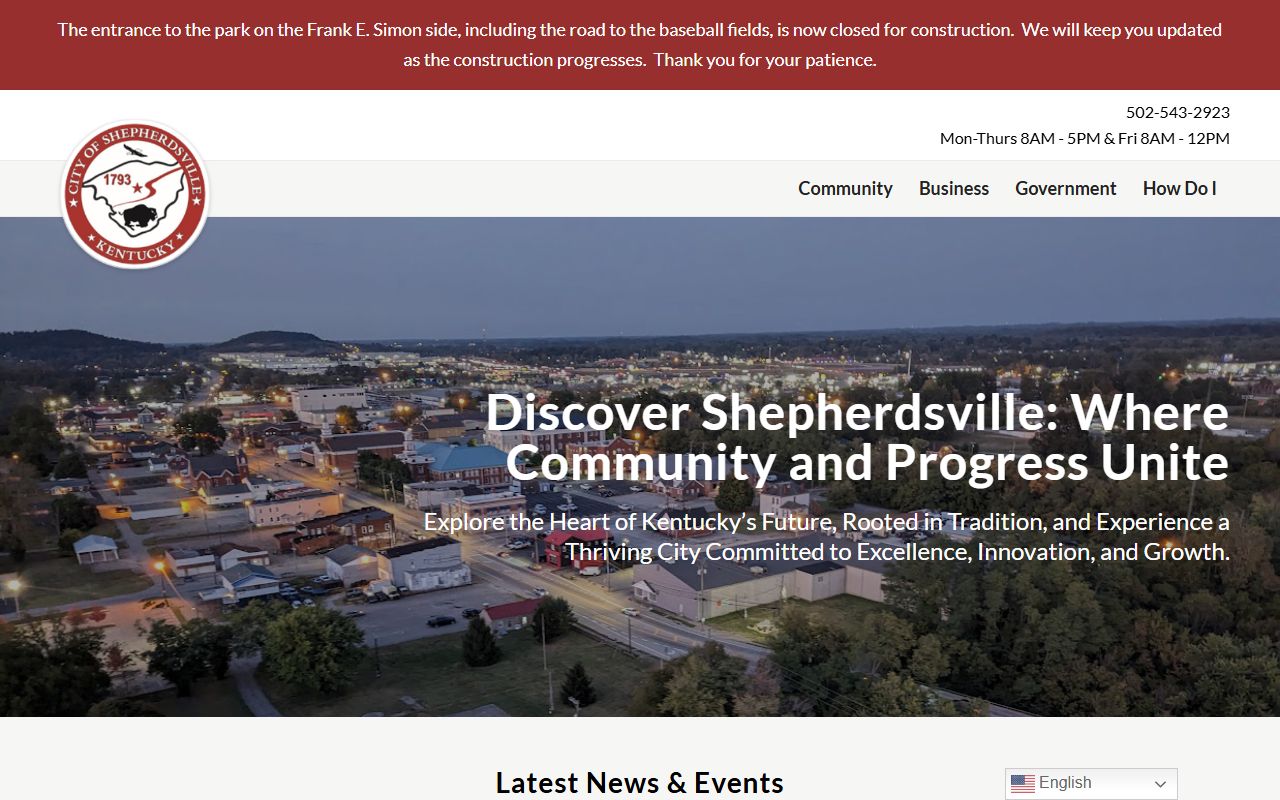 City of Shepherdsville homepage showing municipal services and phone directory resources