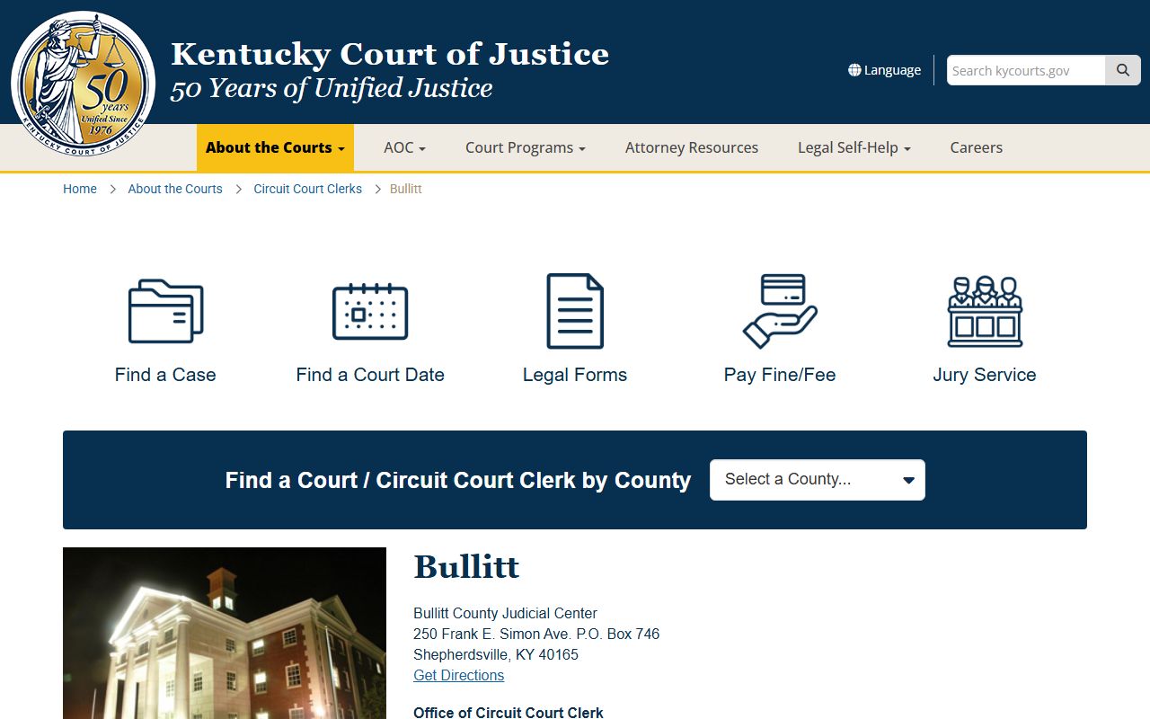 Bullitt County Circuit Court information page showing phone directory and contact details