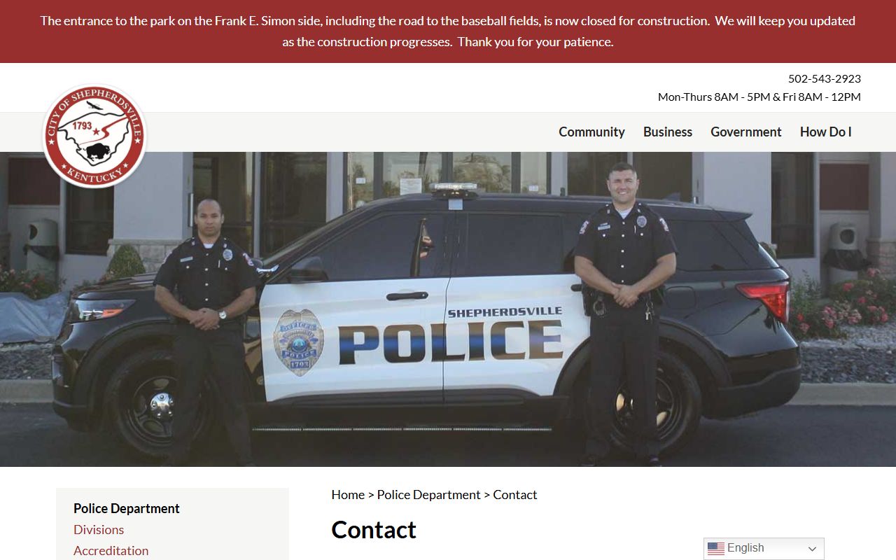 Shepherdsville Police Department contact page showing phone directory and E-911 Center location