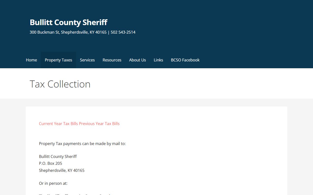 Bullitt County Sheriff website showing law enforcement and tax collection information