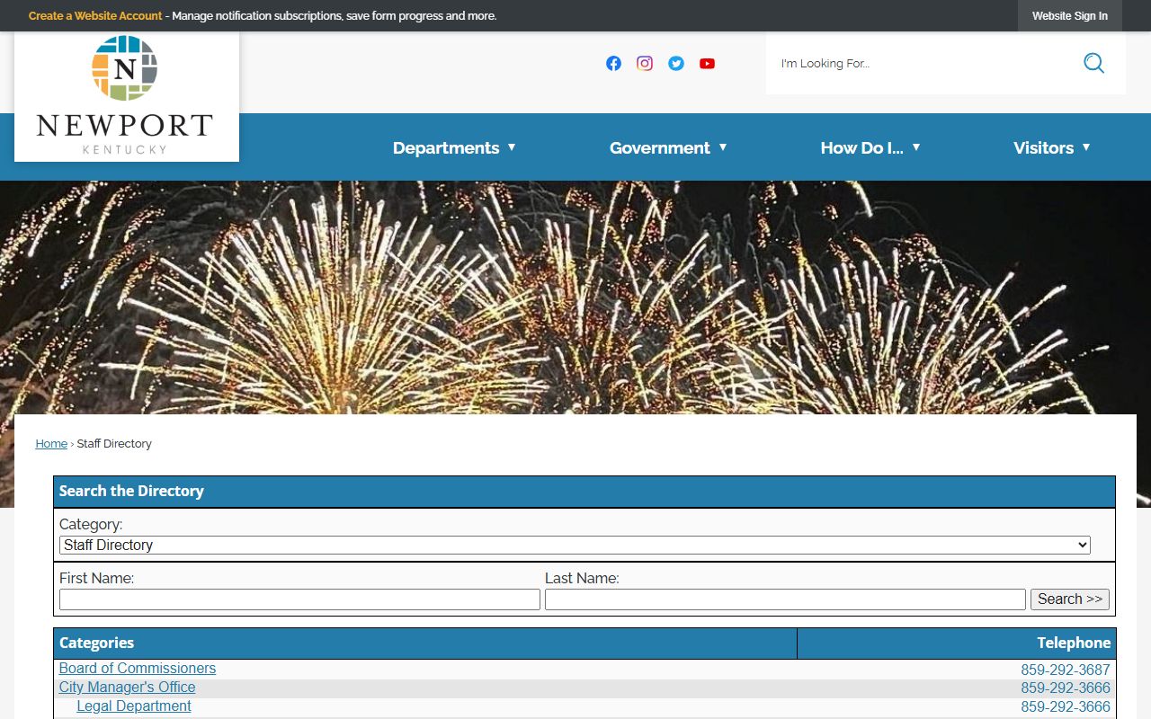 City of Newport directory page showing phone directory and staff listings