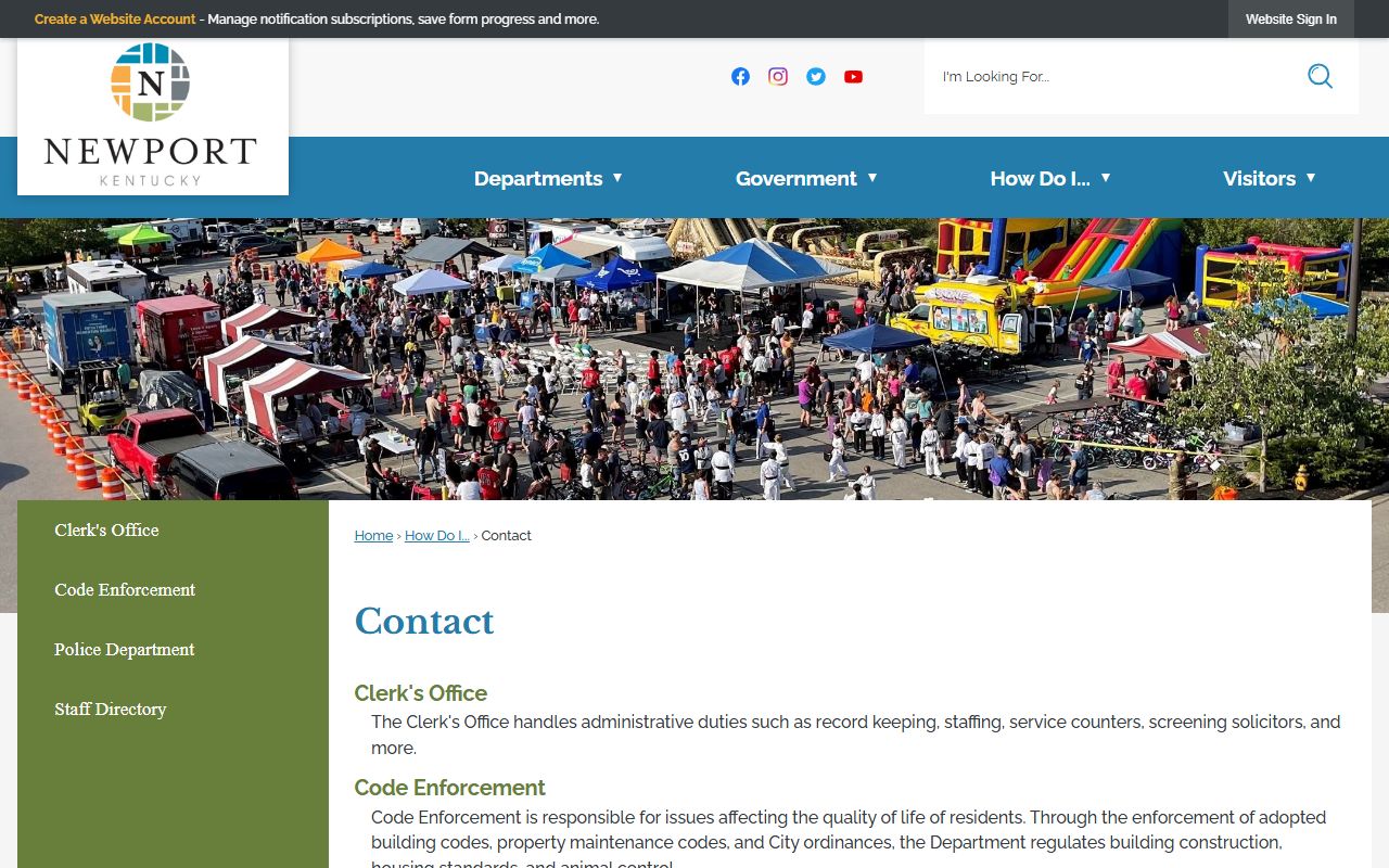 Newport contact page showing phone directory and city hall location