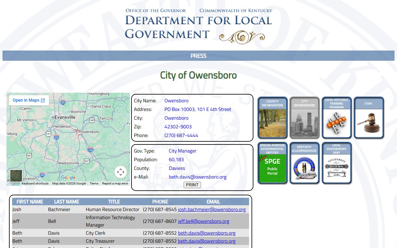 Owensboro city information and government contacts page