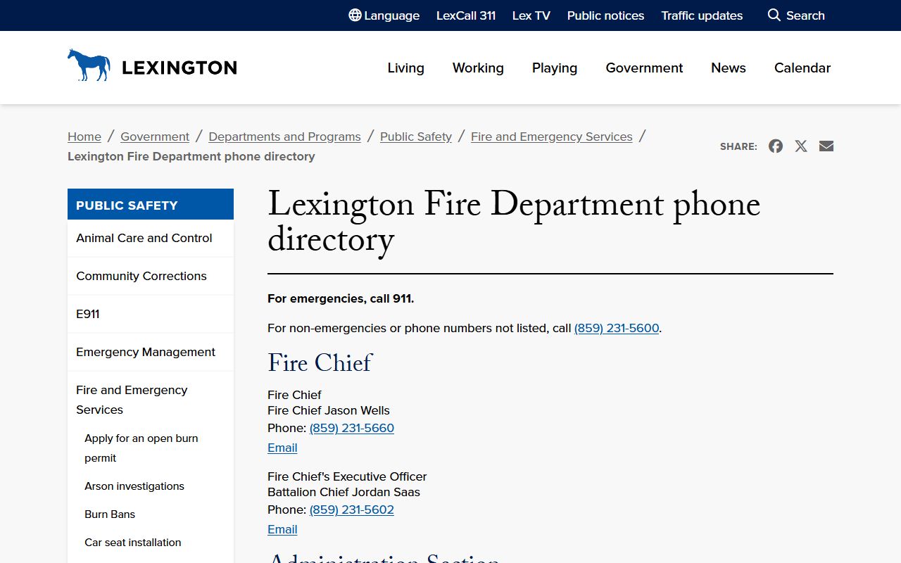 Lexington Fire Department station and emergency contact information