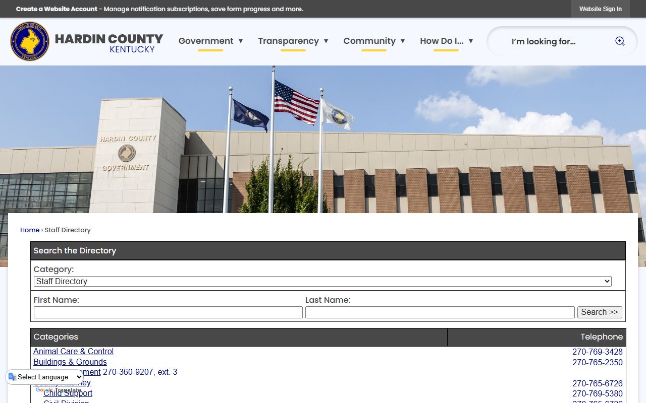 Hardin County staff directory page showing department phone directory and contact information