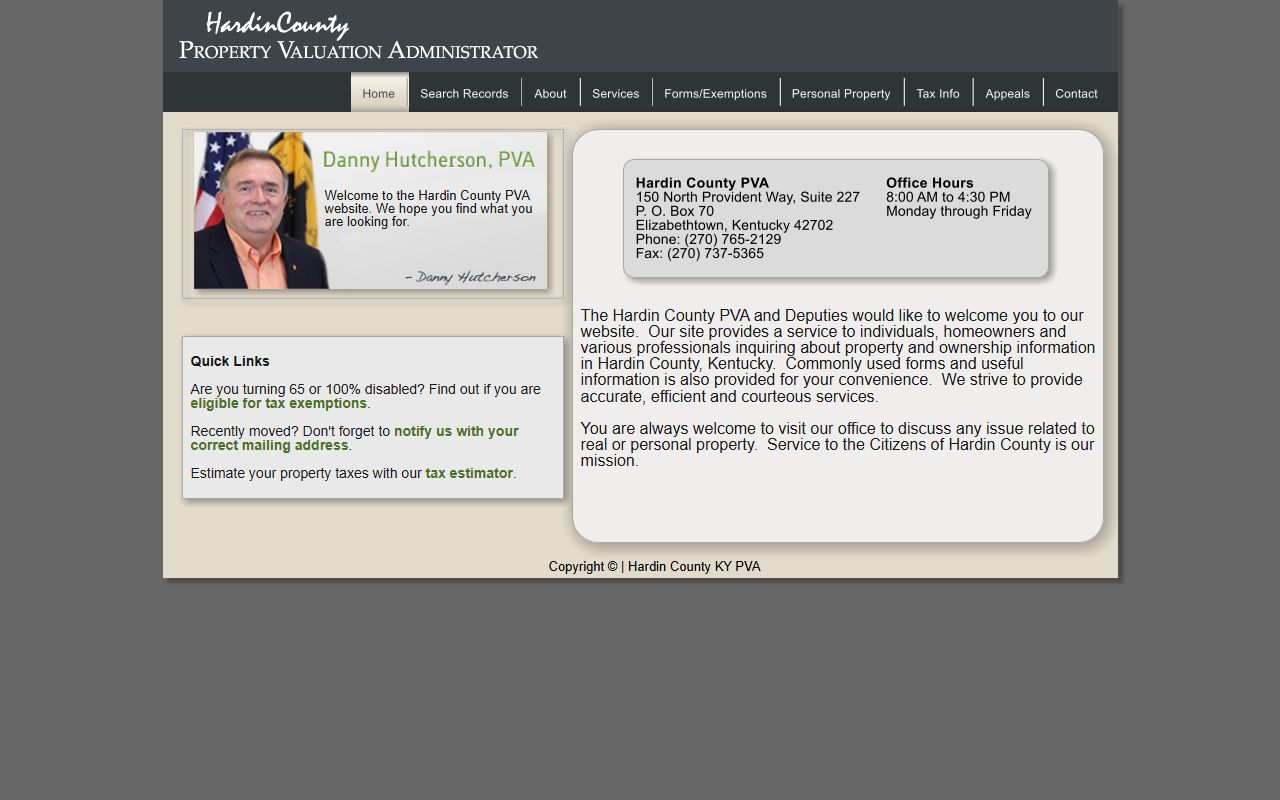 Hardin County PVA property valuation page showing assessment information and phone directory