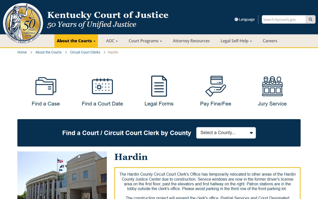 Hardin County Circuit Court information page showing phone directory and contact details