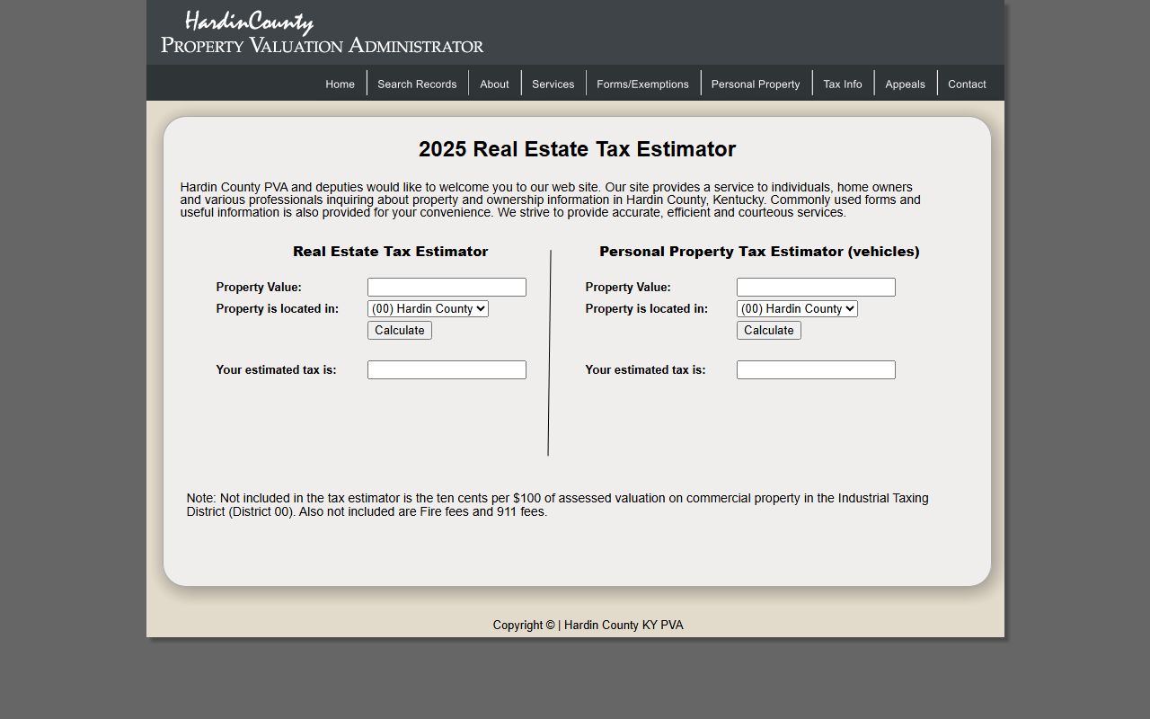 Hardin County Sheriff website showing law enforcement services and phone directory resources