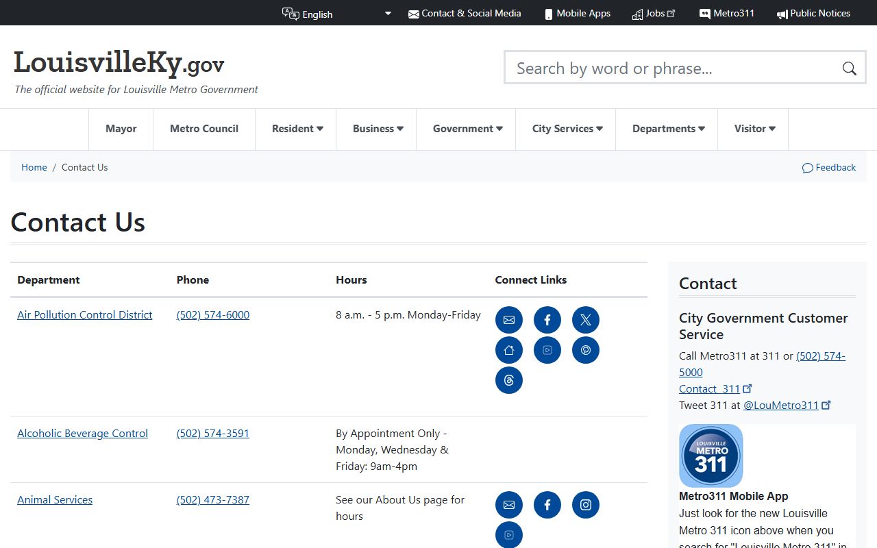 Louisville Metro Government contact page showing department phone directory listings for Jefferson County residents