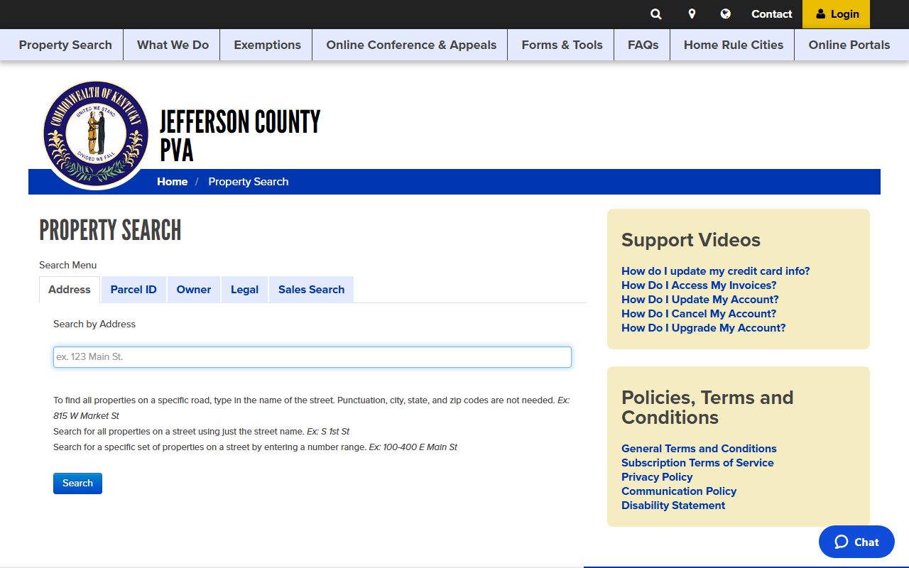 Jefferson County PVA property search page showing public records lookup tools