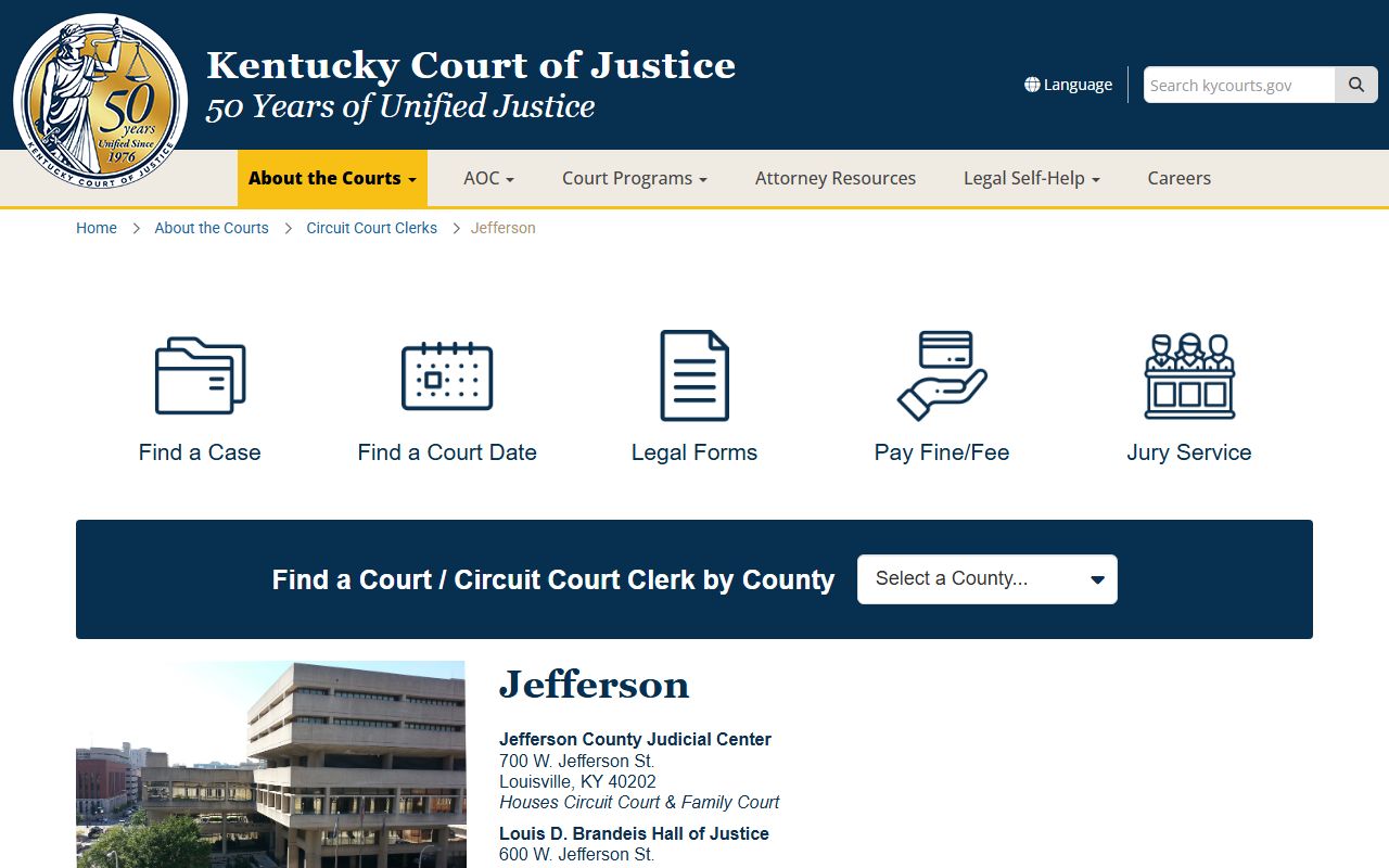 Jefferson County Circuit Court page showing contact information and court services