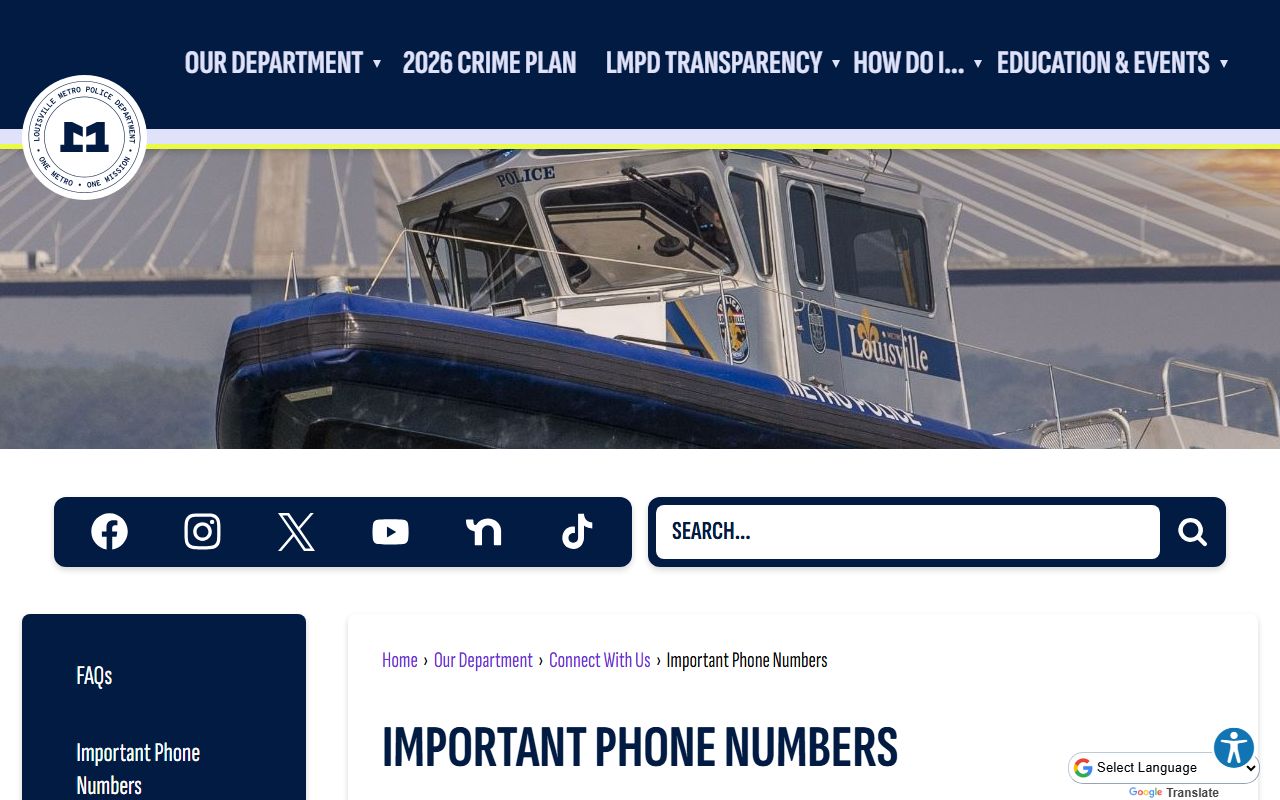 LMPD important phone numbers page showing division contacts for Jefferson County