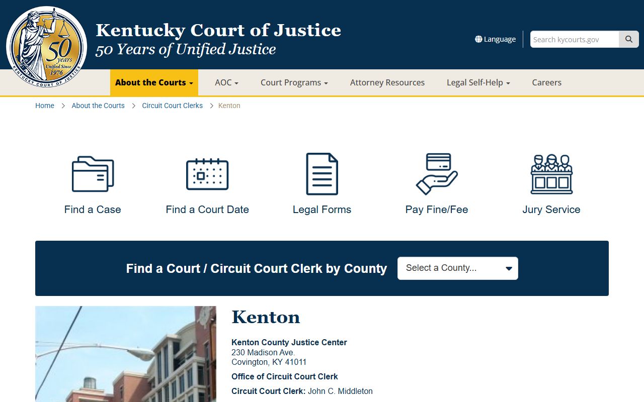 Kenton County Kentucky Courts information page showing contact details