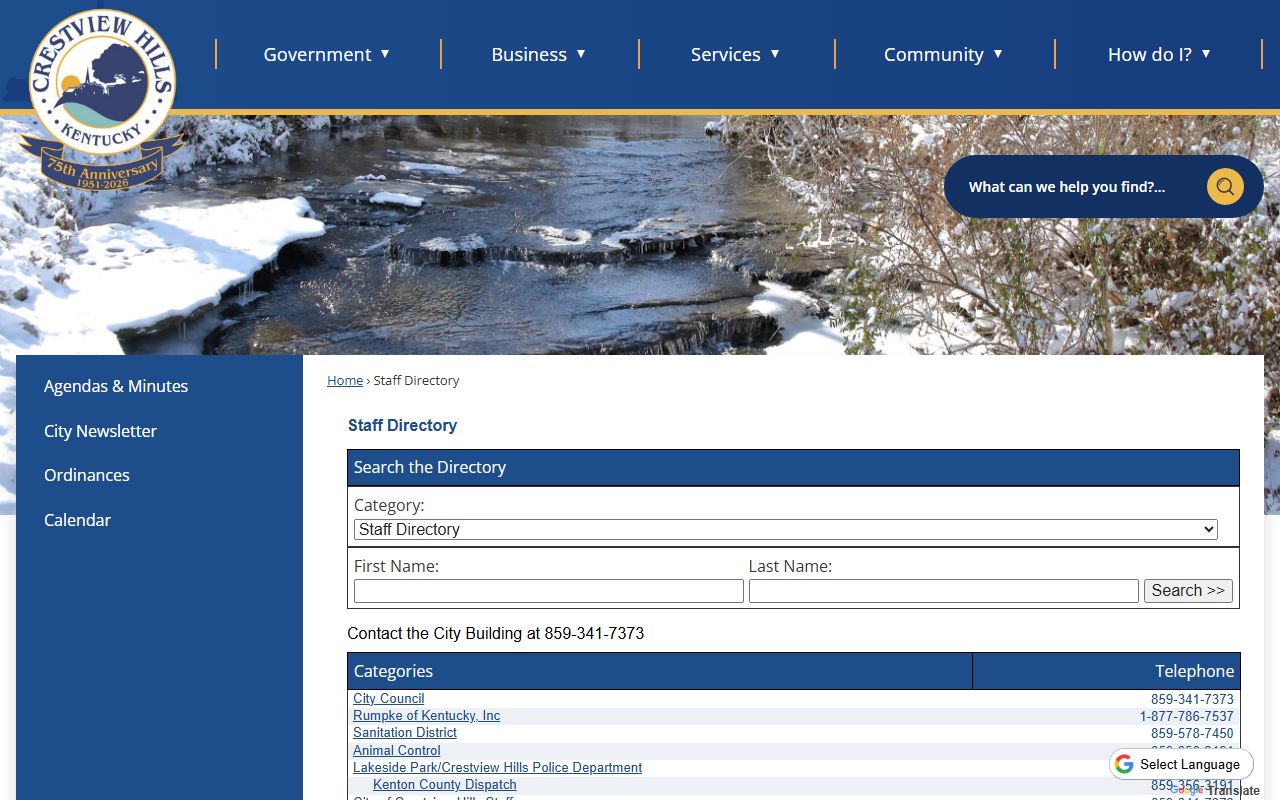 Crestview Hills Kentucky municipal directory page