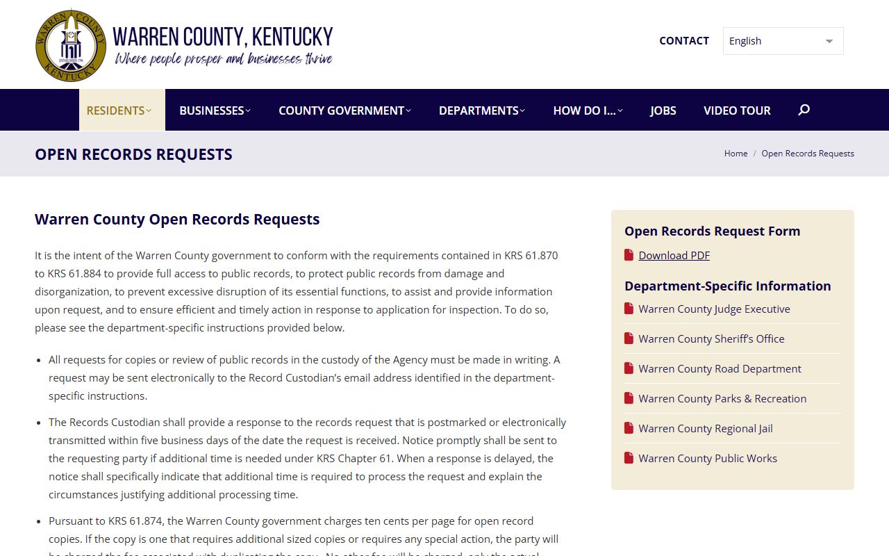 Warren County open records request page and procedures