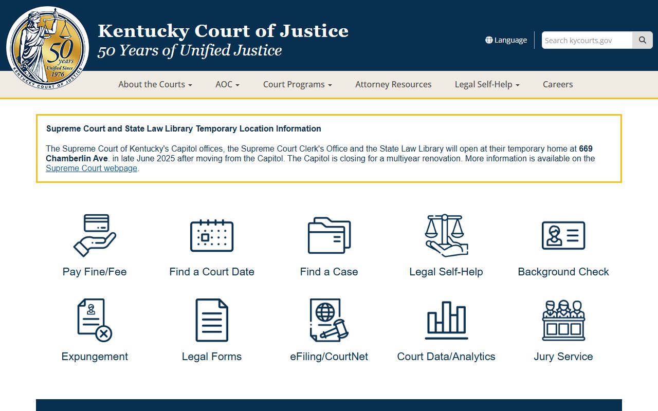 Kentucky Court Case Search system interface