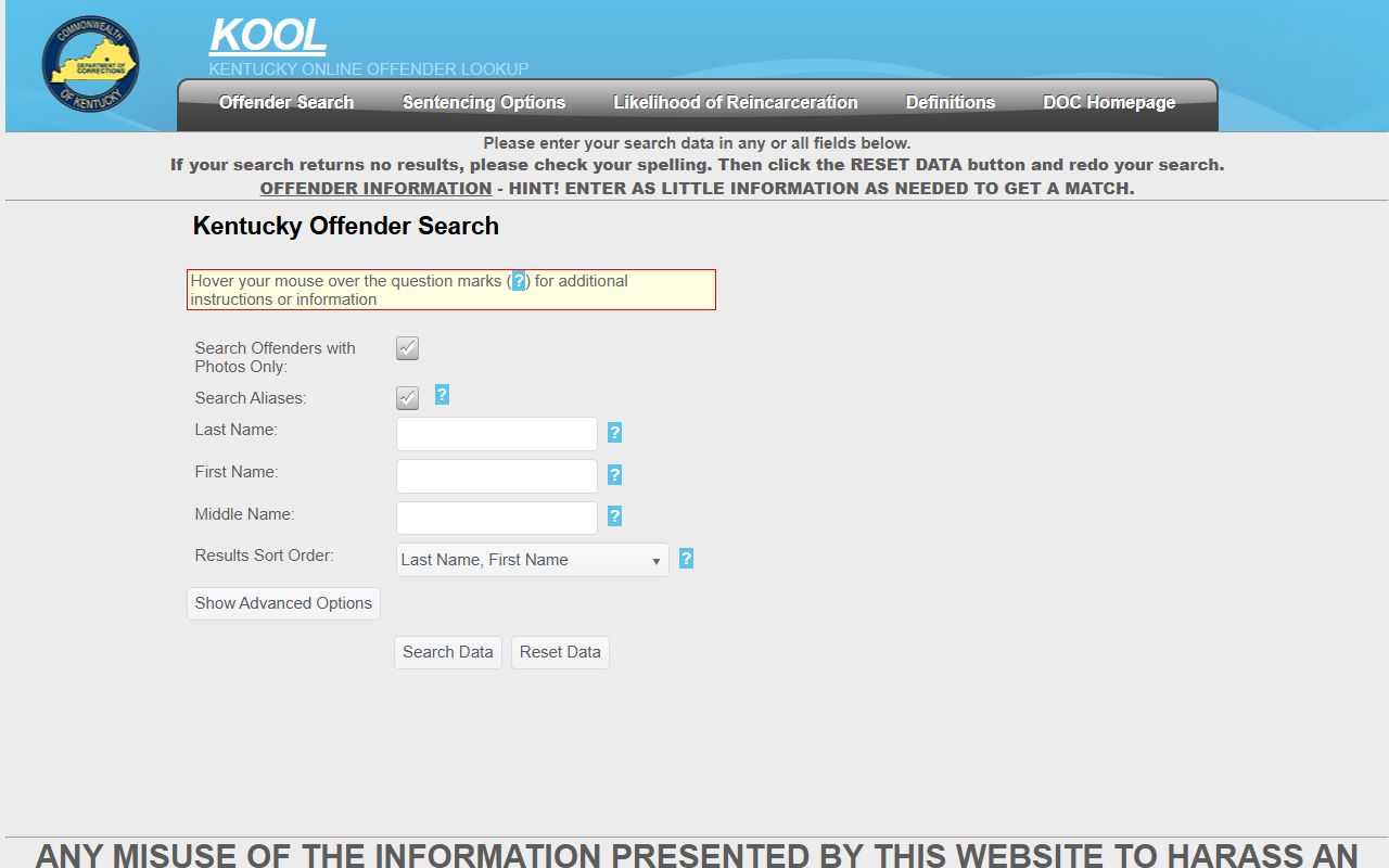 Kentucky Offender Online Lookup (KOOL) inmate search system