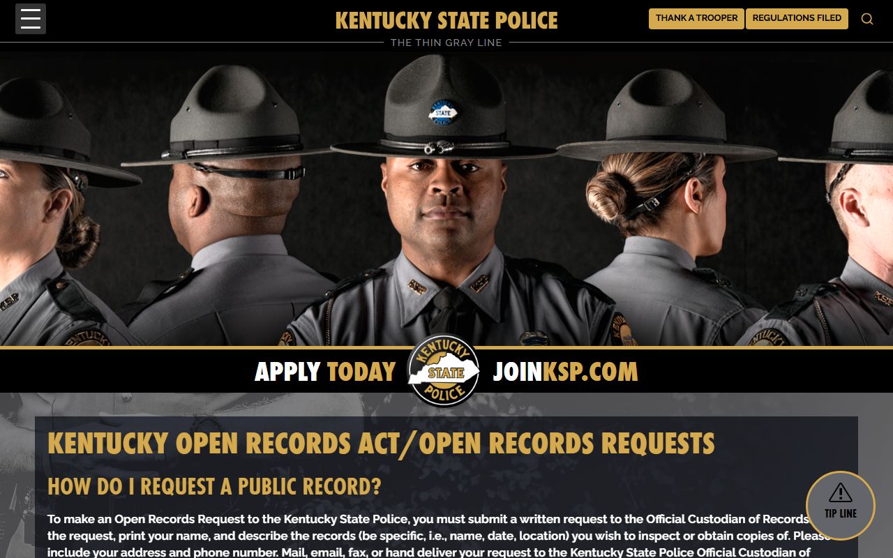 Kentucky State Police Open Records Requests page