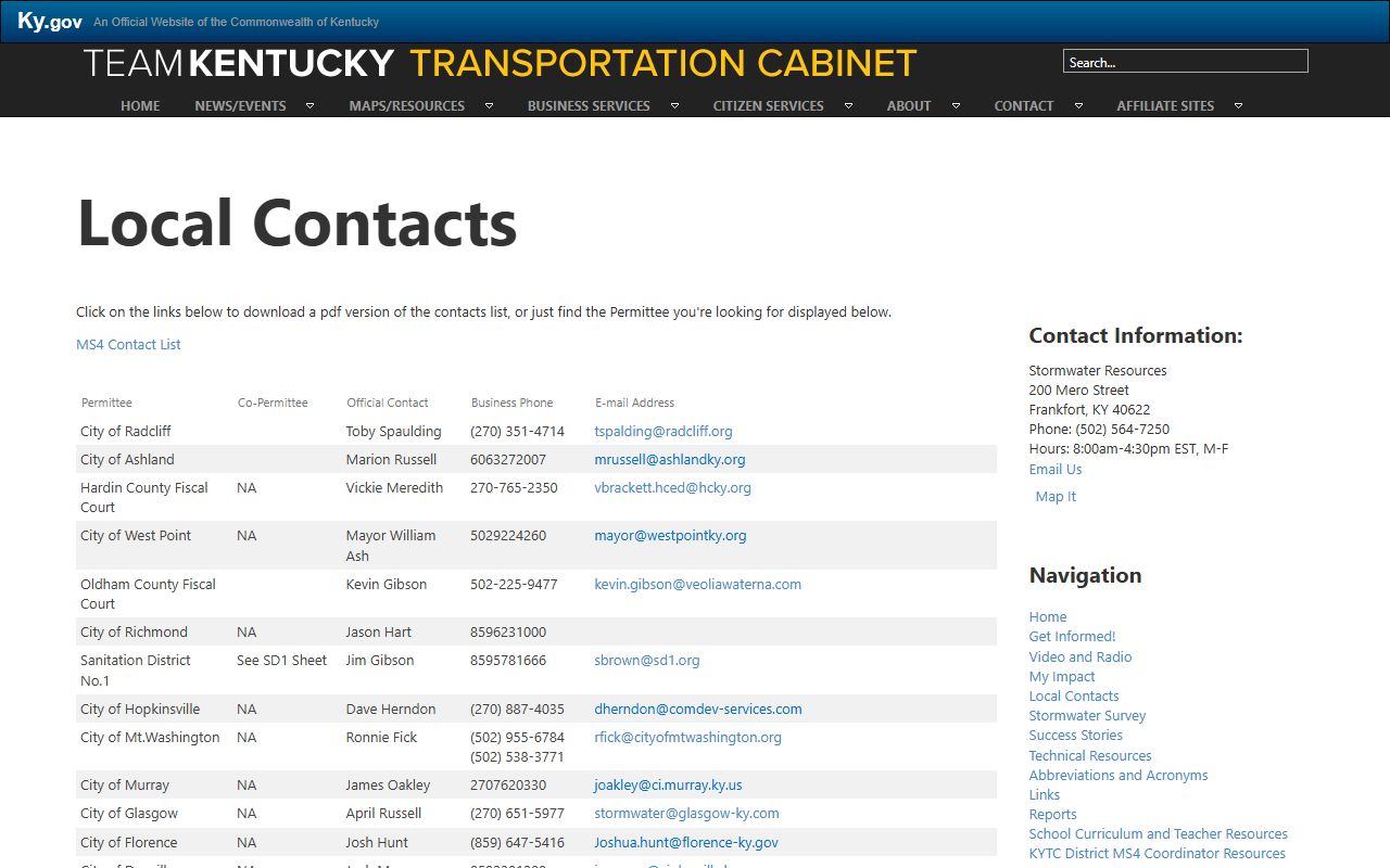 Transportation Cabinet local government contacts page