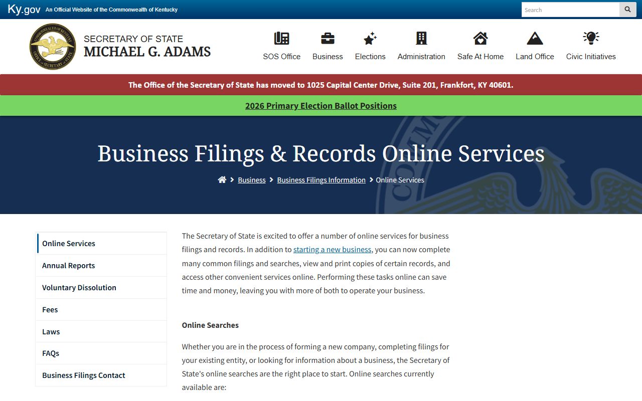 Online Business Services portal for entity searches